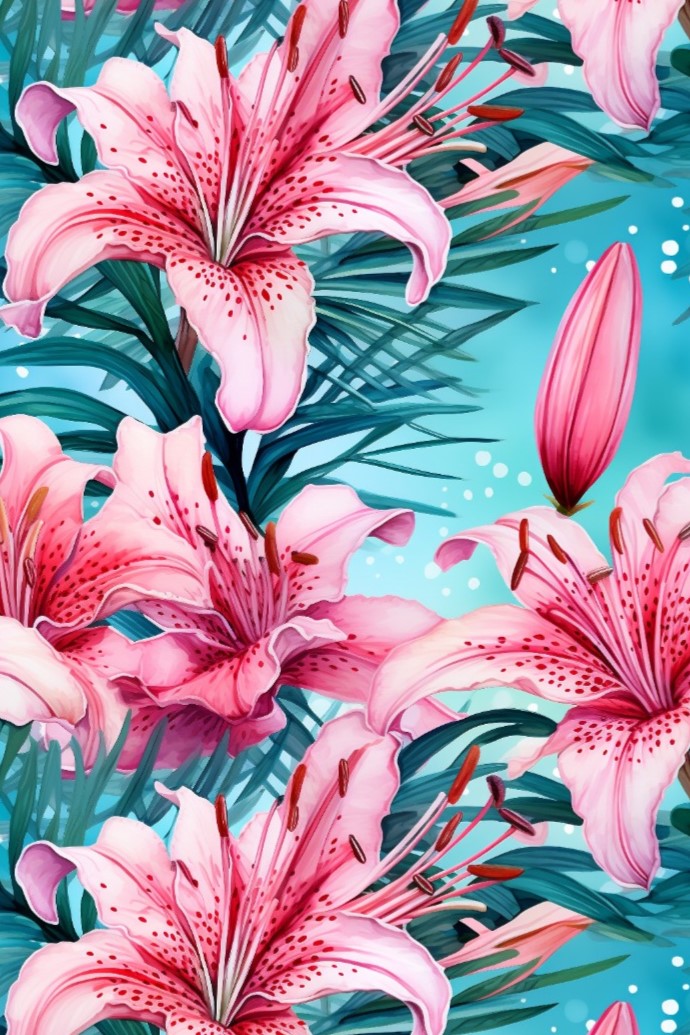 Pink lilies on blue