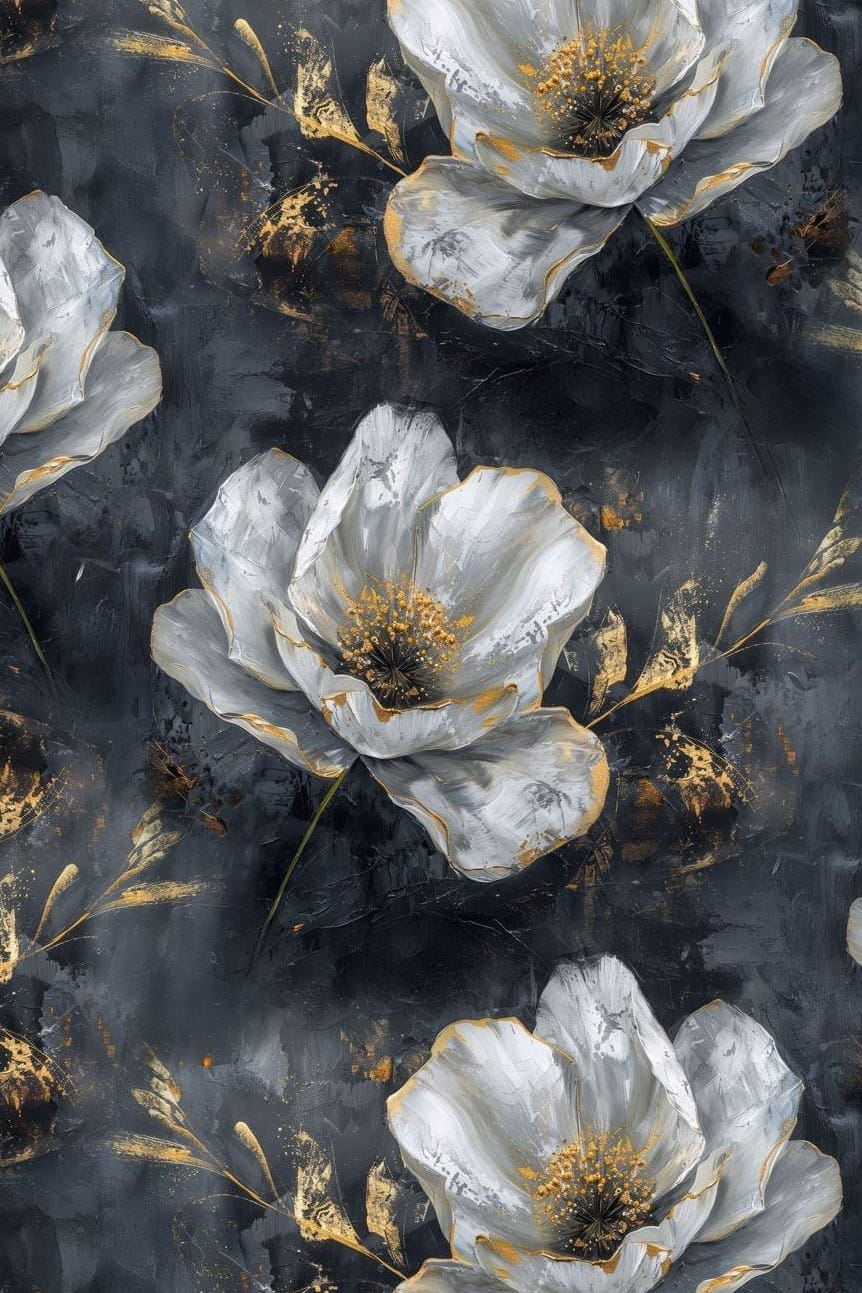 Jersey White Grey Peony with gold on dark