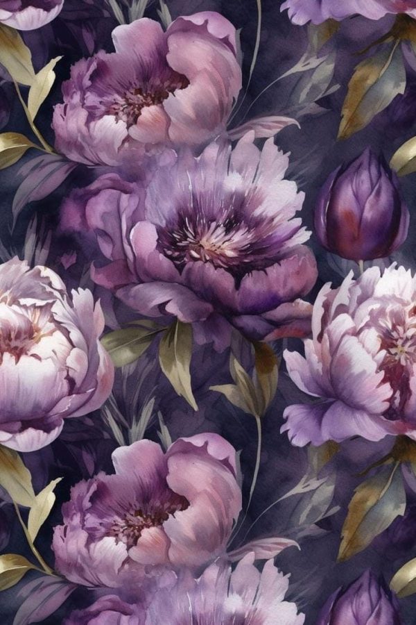 Purple peonies and green leaves.